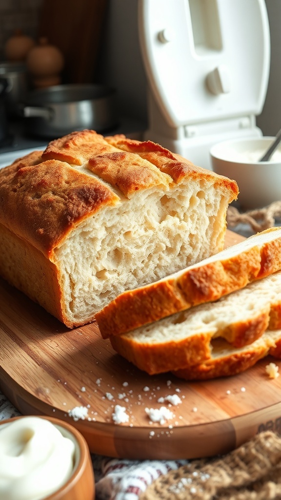 Simple Gluten-Free 2-Ingredient Bread Recipe A loaf of gluten-free bread sliced on a wooden board, showcasing its fluffy texture, with yogurt and flour in the background.